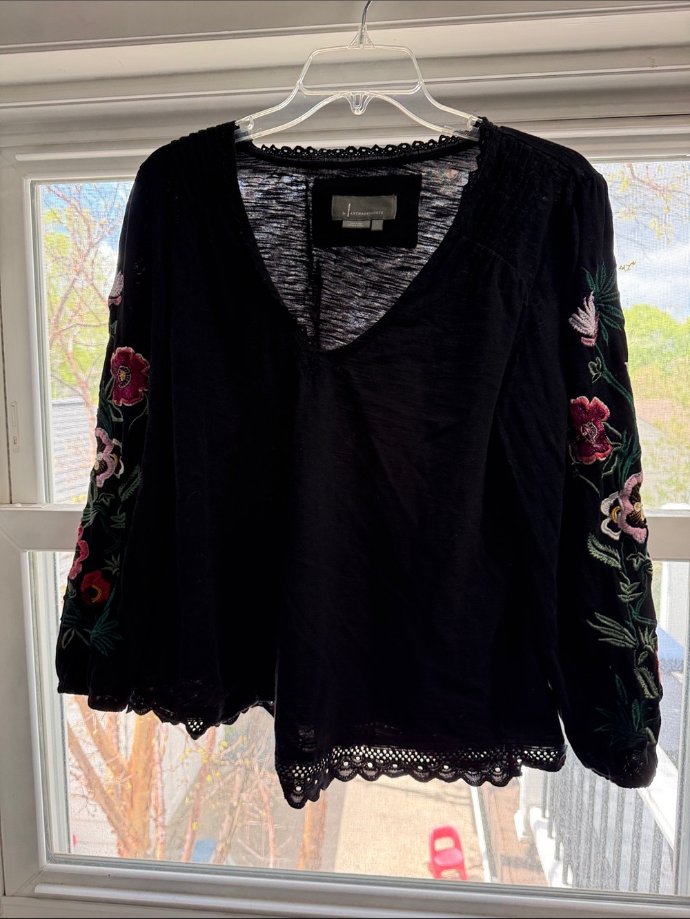 Anthropologie Black V-Neck Blouse with Floral Embroidered Sleeves